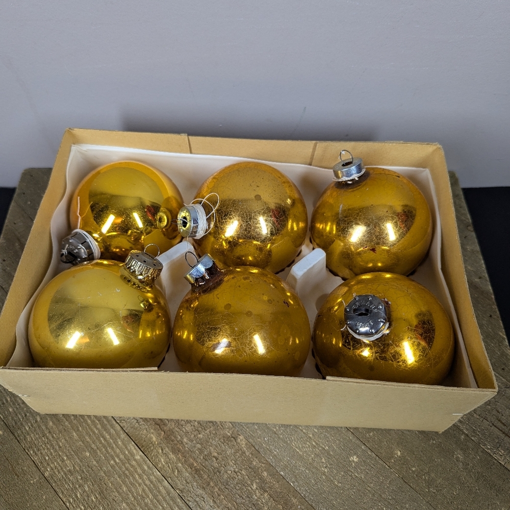 Set of 6 Large Vintage Glass Christmas Ornaments – Gold Mercury Style 3” Mixed T